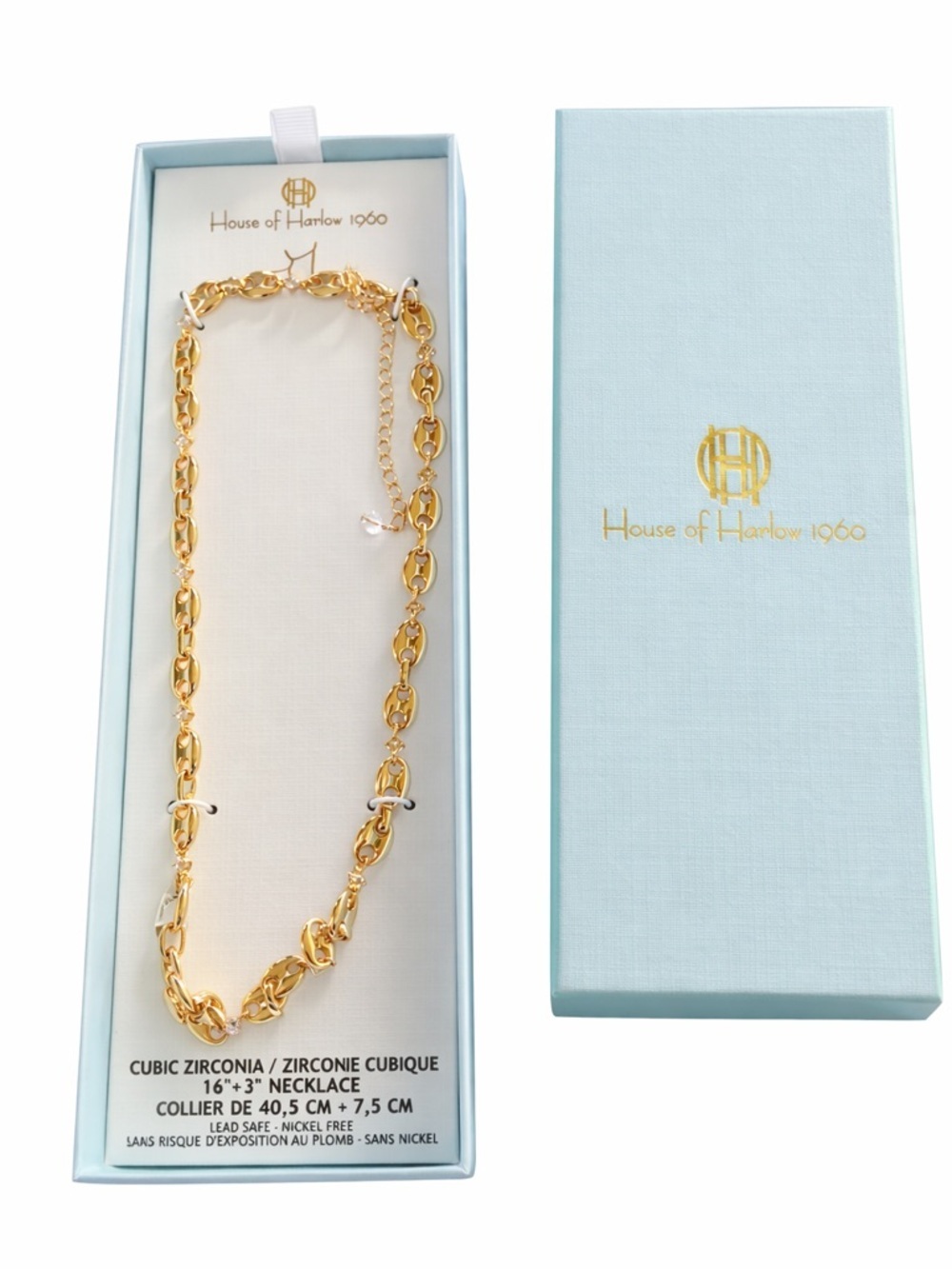 House of Harlow 1960 Gold Link Necklace with Cubic Zirconia Accents